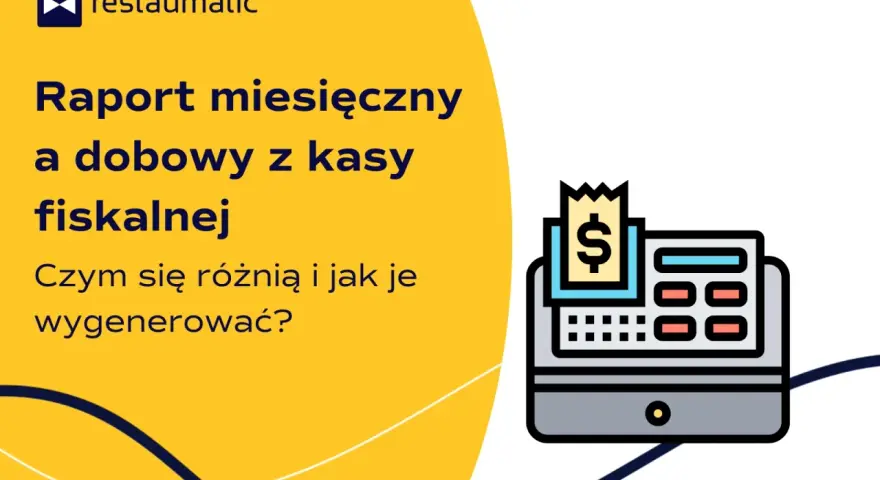 Jak zrobić raport miesięczny na kasie fiskalnej? Grafika przedstawia kasę fiskalną i tekst o raportach.