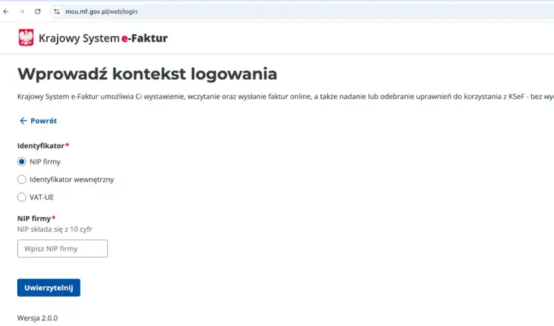 Formularz logowania do Krajowego Systemu e-Faktur. Wybierz identyfikator firmy, wpisz swój NIP i uwierzytelnij.