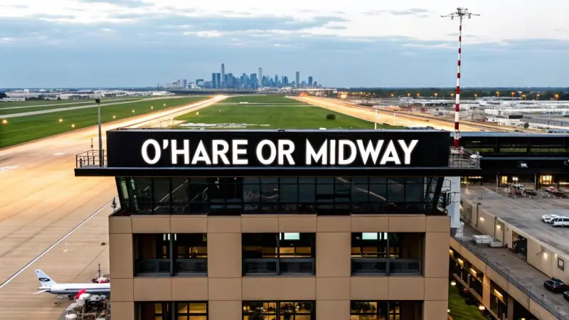 Wieża kontroli lotów na lotnisku Chicago z napisem "O'HARE OR MIDWAY". W tle widać panoramę miasta.