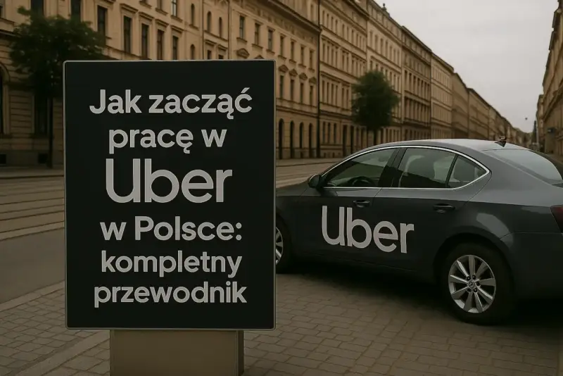 Czarny znak z napisem "Jak zacząć pracę w Uber w Polsce: kompletny przewodnik" obok ciemnoszarego samochodu Uber.